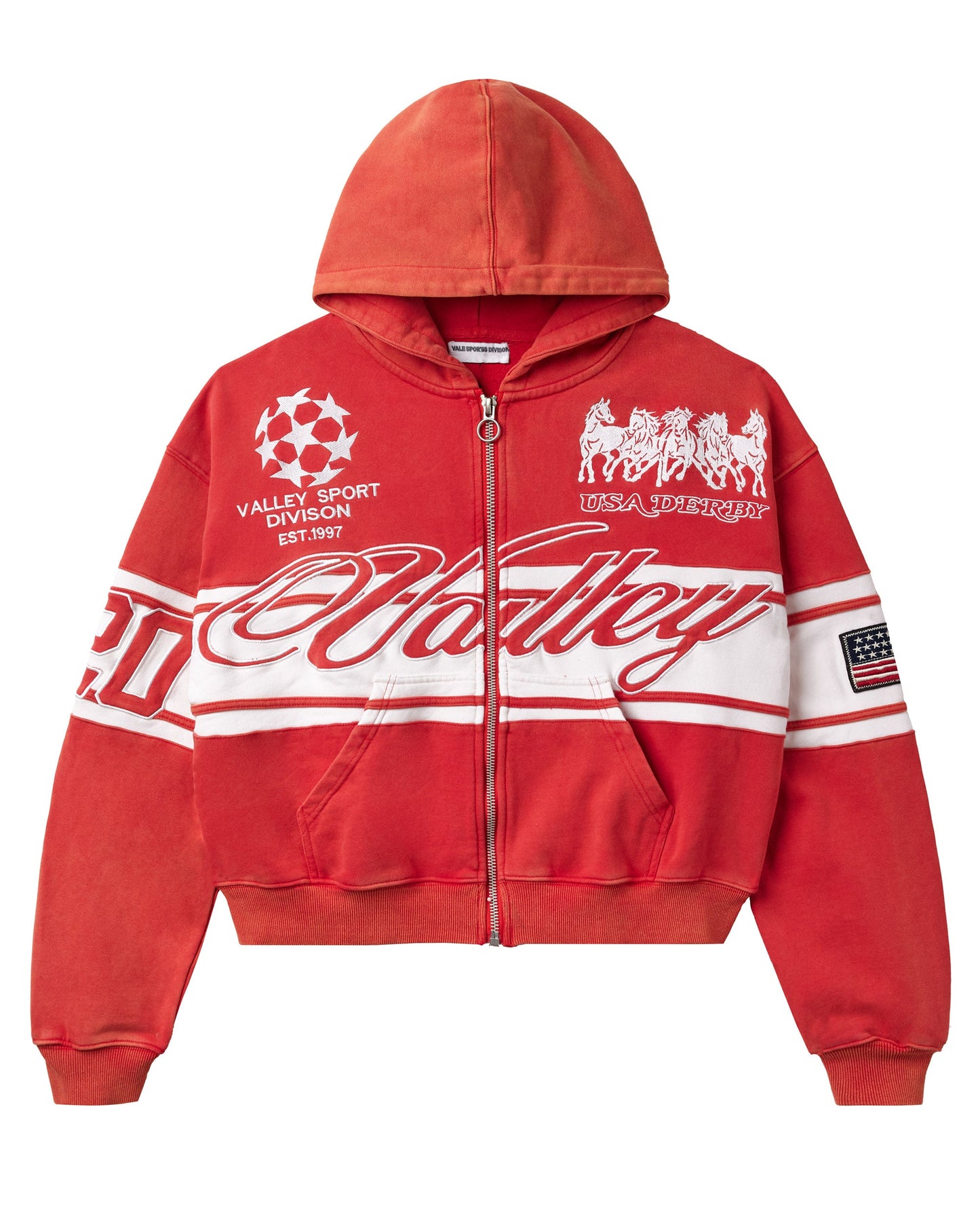 RED CURSIVE ZIP UP HOODIE