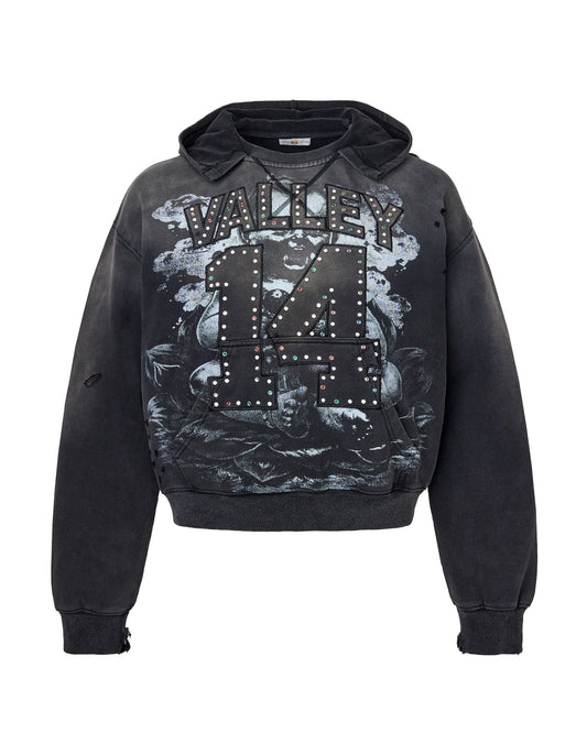 Black hoodie with graphic design and text 'Valley' and '14'. 