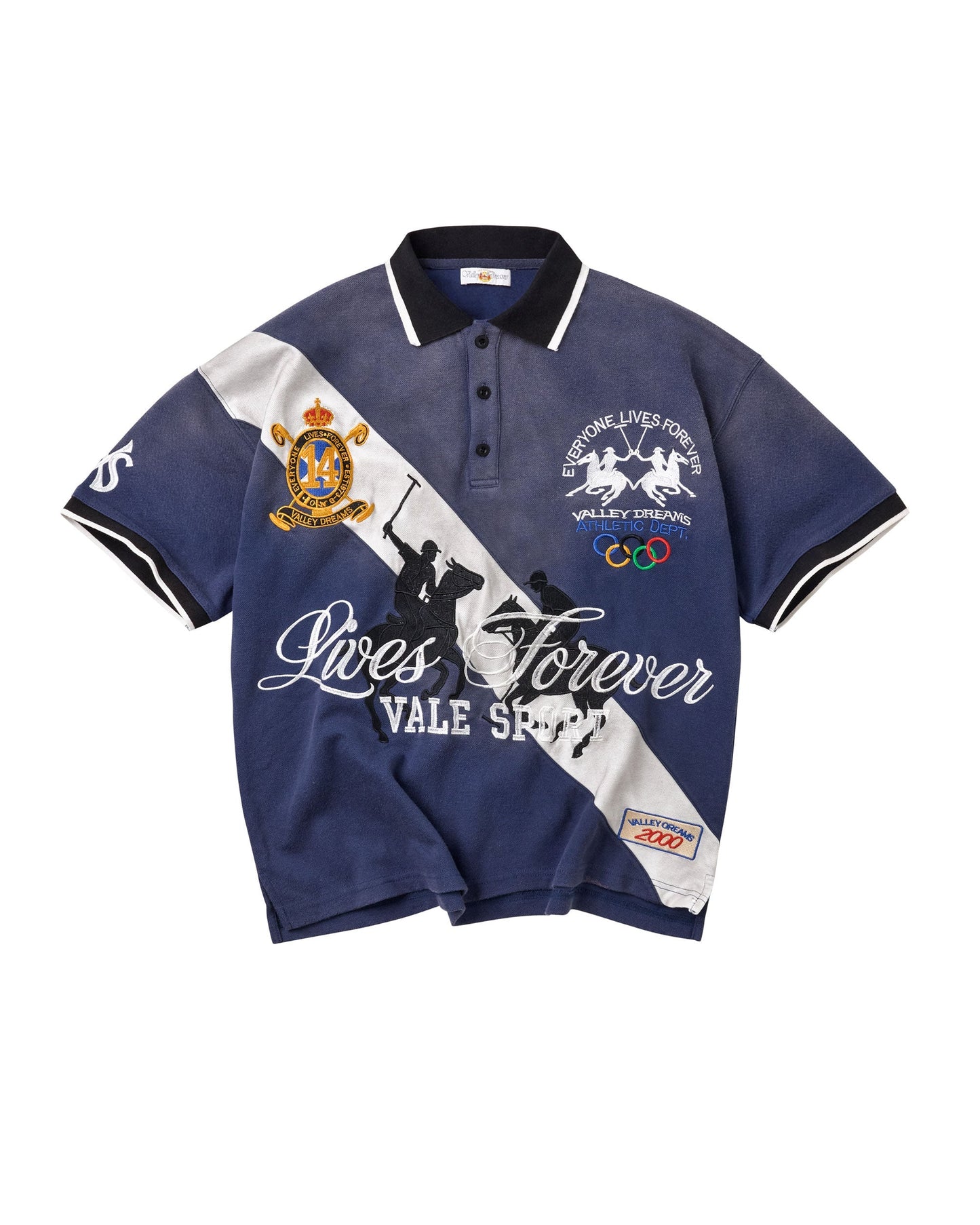 Navy blue polo shirt with white and black accents featuring logos and text on a white background