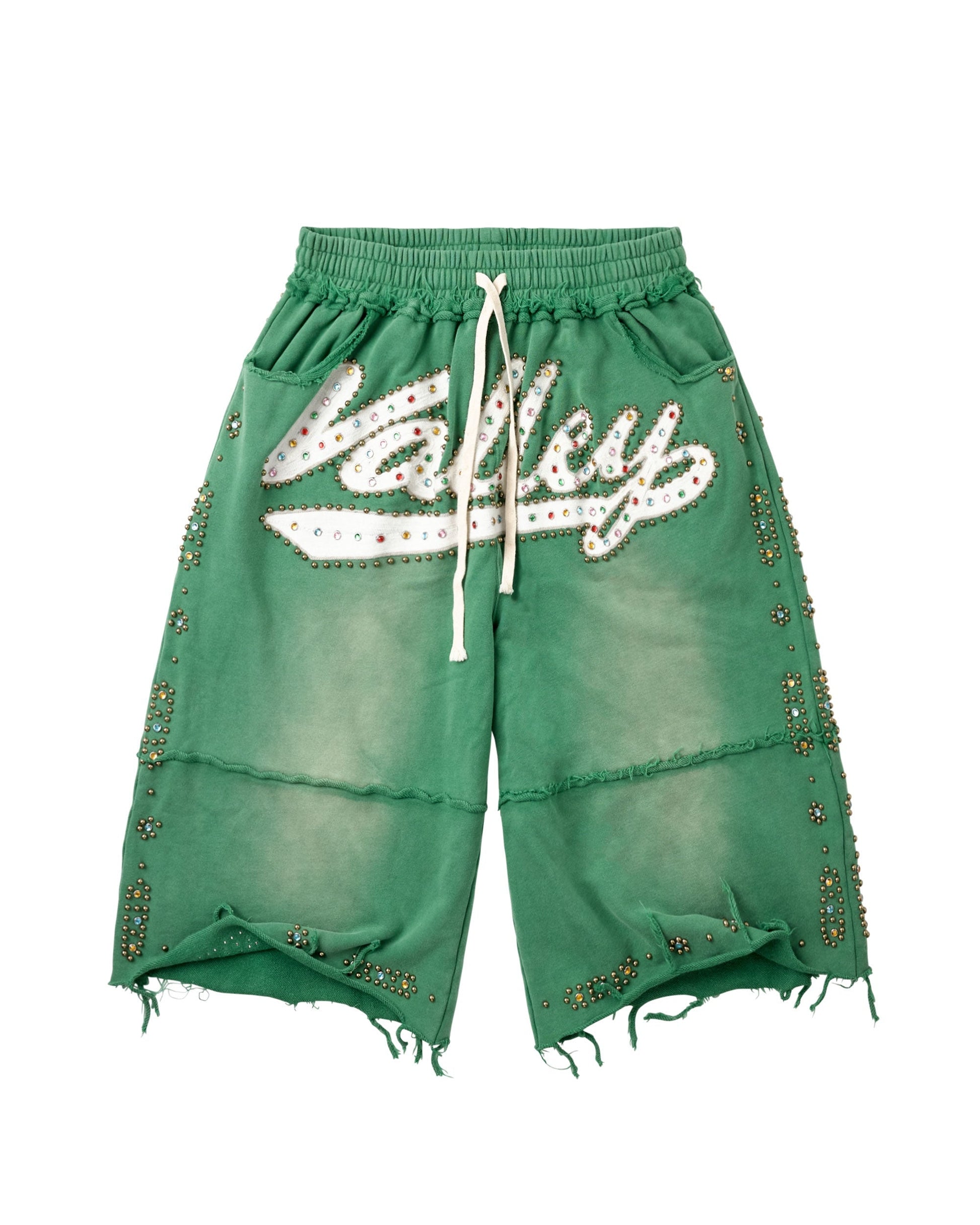 Green distressed denim shorts with a white 'Valley' script patch embellished with rhinestones, a white drawstring, and gold rhinestone trim along the sides.