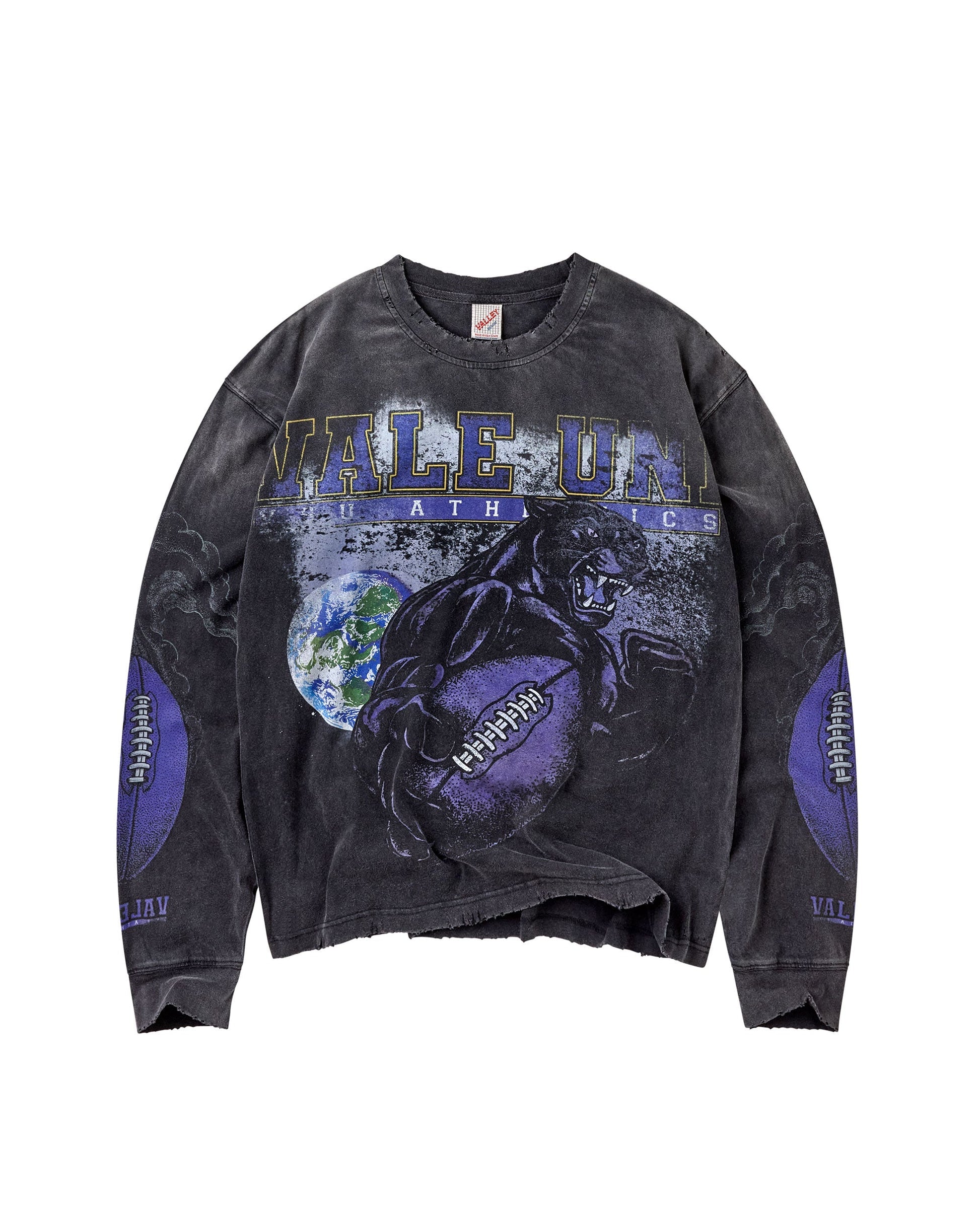 A faded black graphic long-sleeve sweatshirt featuring a distressed design with 'Vale-Uni' and 'Athletics' text, a black panther illustration, and purple sleeve patches.