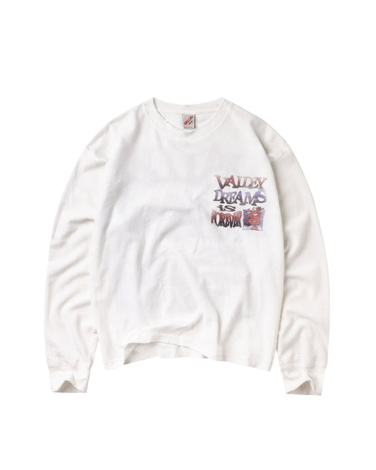 A white long-sleeve t-shirt with a colorful graphic on the left chest that reads 'VALLEY DREAMS IS FOREVER' in a graffiti-style font, displayed flat against a white background.