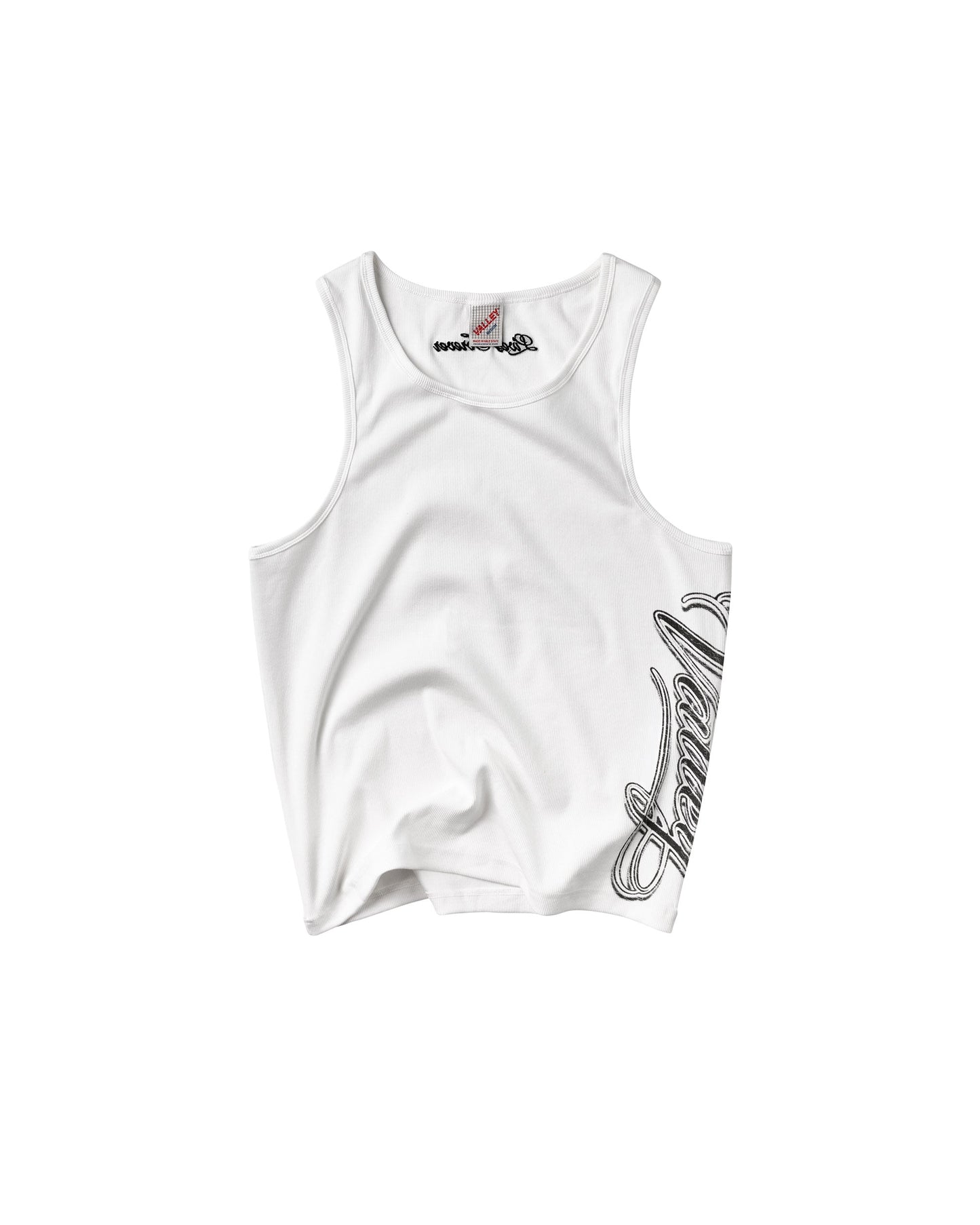 A white sleeveless tank top with a black cursive graphic print on the lower right side and a small brand label inside the collar.