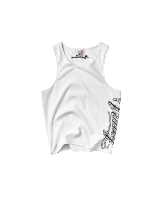 A white sleeveless tank top with a black cursive graphic print on the lower right side and a small brand label inside the collar.