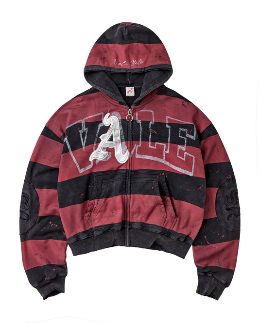 A cropped zip-up hoodie with horizontal red and black stripes, featuring a large white 'A' graphic outlined in white over the chest, a front zipper, and a hood.