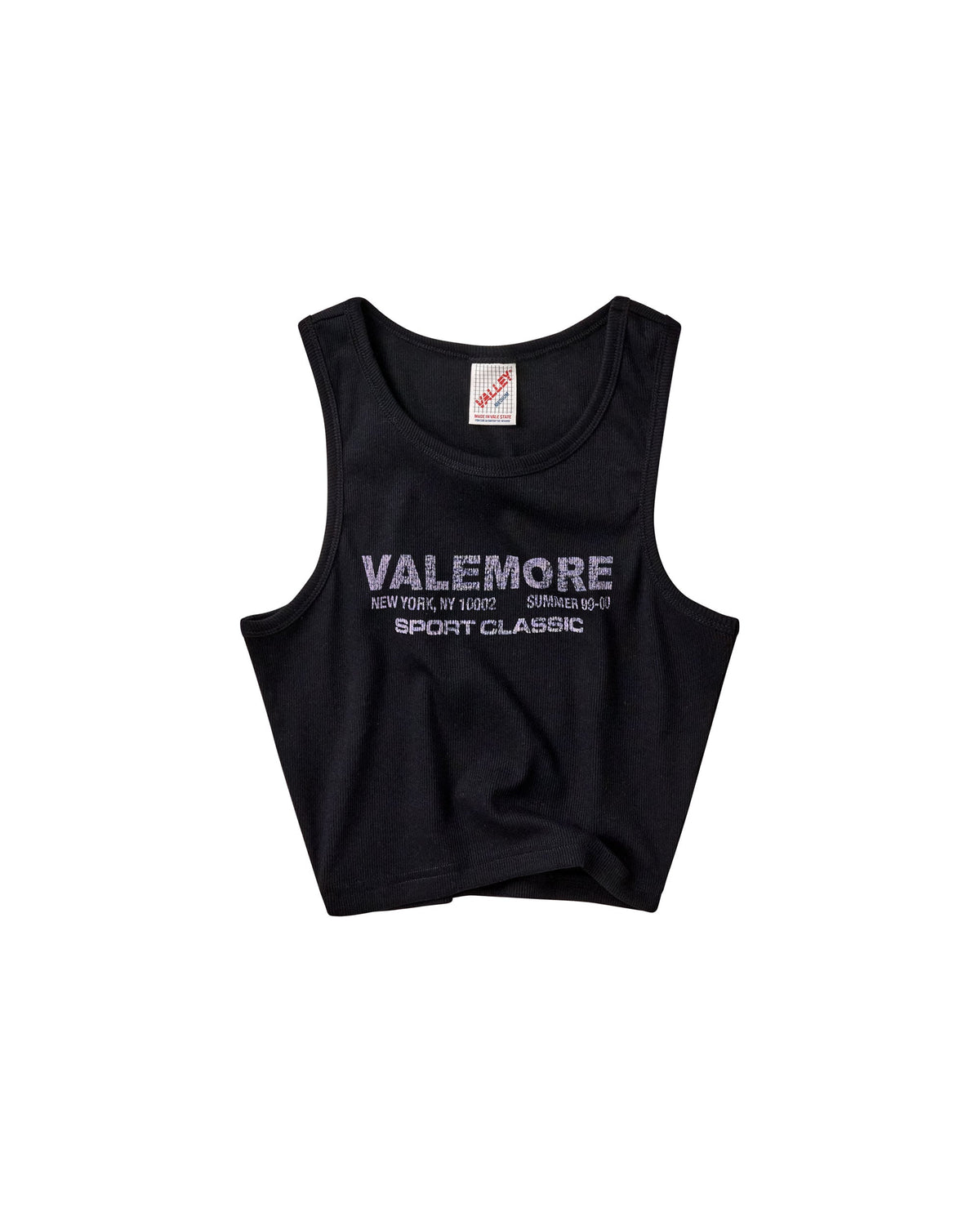 A black sleeveless tank top with 'VALEMORE' and 'SPORT CLASSIC' printed in white on the front, displayed flat against a plain white background.