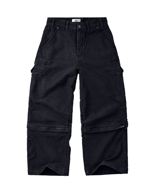 Black cargo pants with multiple utility pockets and a button closure, shown flat against a white background.