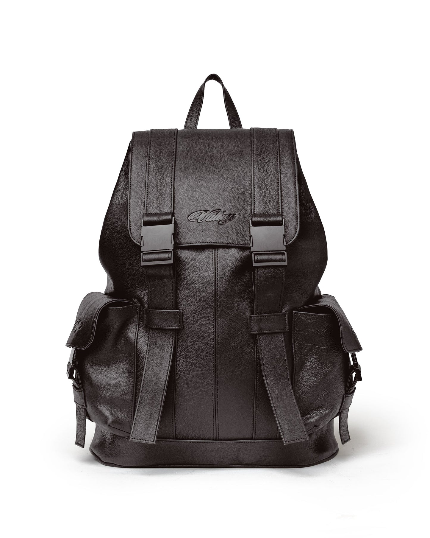 Black backpack with a brand logo.