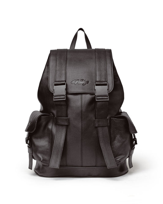 Black backpack with a brand logo.