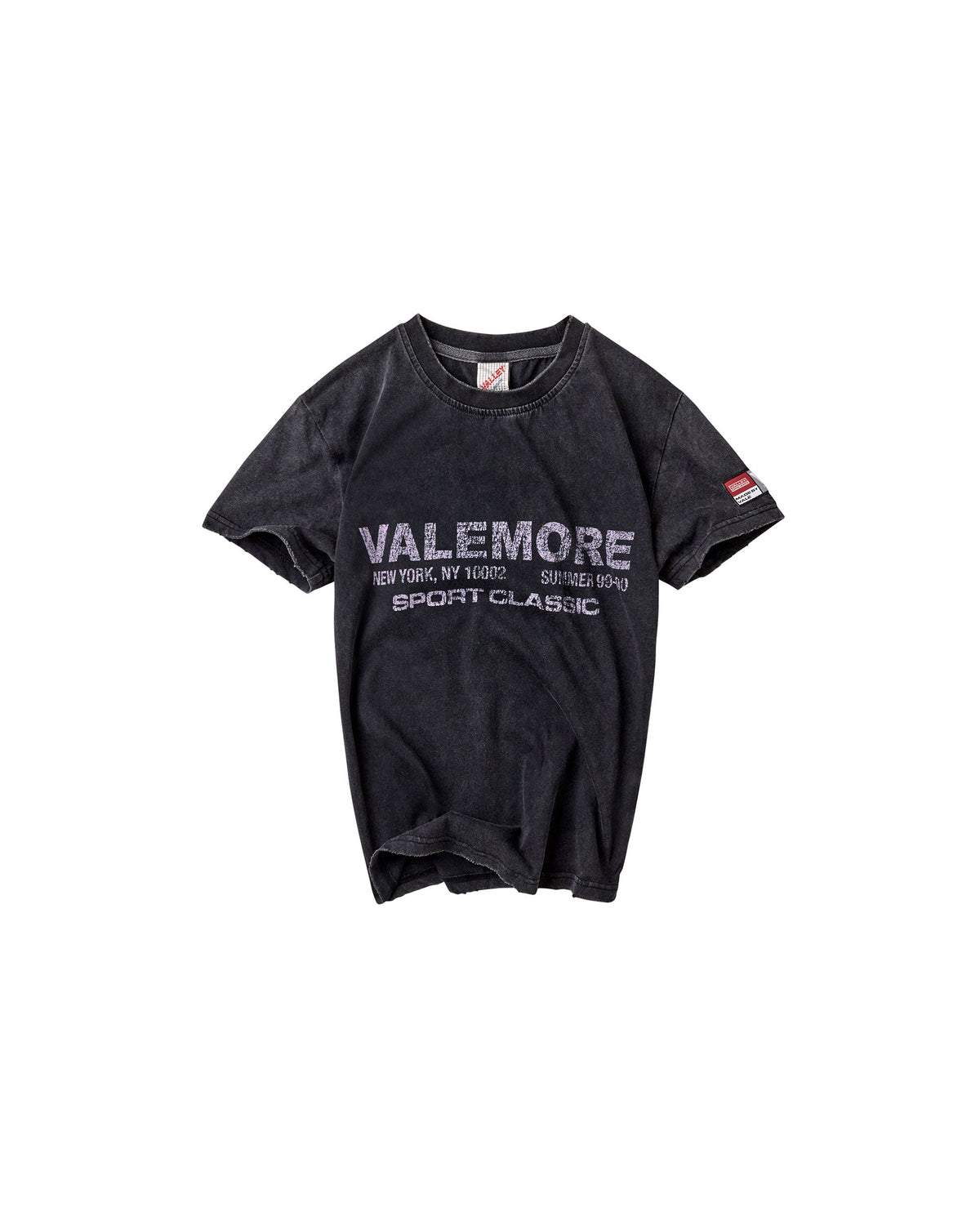 A faded black short-sleeve t-shirt with 'VALEMORE SPORT CLASSIC' printed in white across the chest, displayed flat against a solid white background.