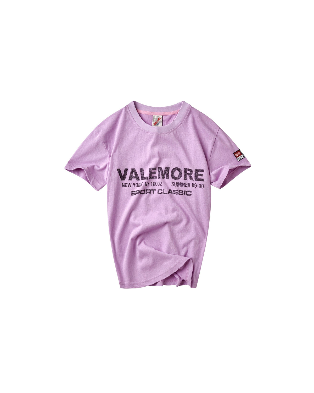 A light purple short-sleeve t-shirt with 'VALEMORE' printed in black across the chest, displayed flat against a solid white background.