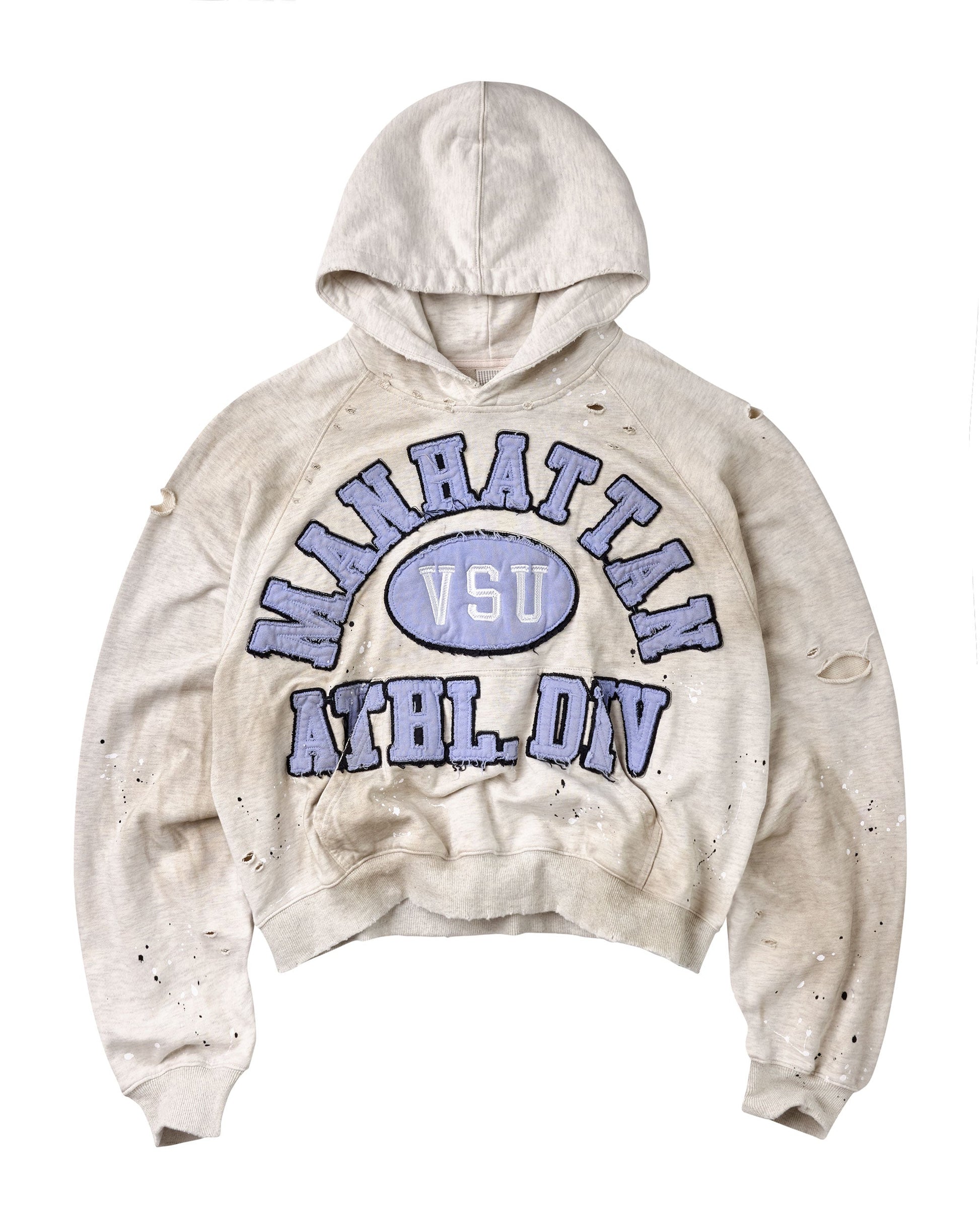 A distressed, off-white cropped hoodie featuring a blue and purple 'Manhattan ATEL-DIV' graphic with 'VSU' in the center.