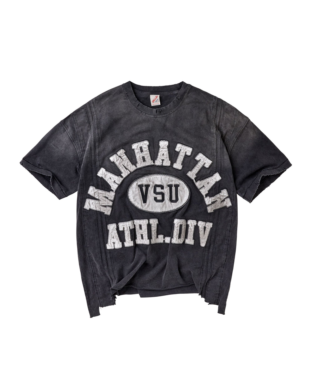 A faded black short-sleeve t-shirt with a distressed white graphic reading 'MANHATTAN VSU ATHL.DIV' on the front