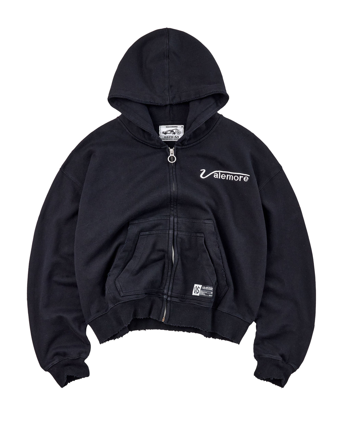 A black zip-up hoodie with a white 'Valemore' logo on the left chest.