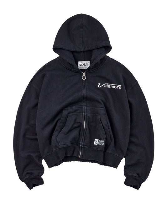A black zip-up hoodie with a white 'Valemore' logo on the left chest.
